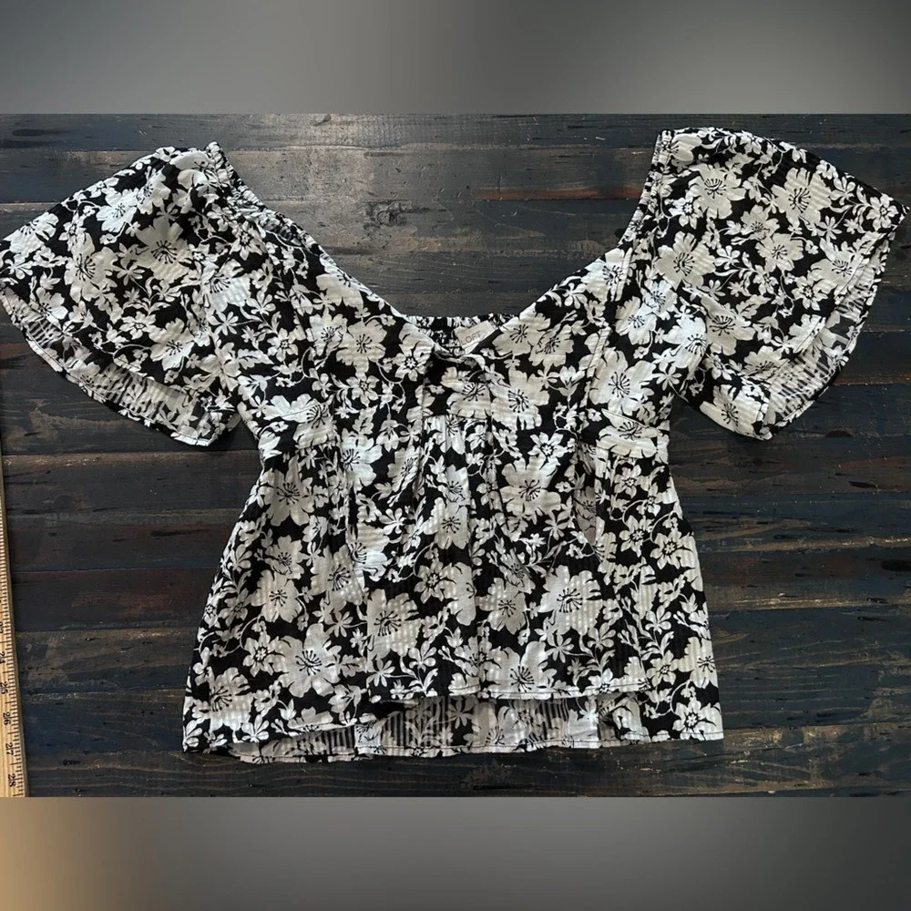 LOFT Floral Puff‎ Sleeve Top Black White Smocked Back Square Neck Blouse Large